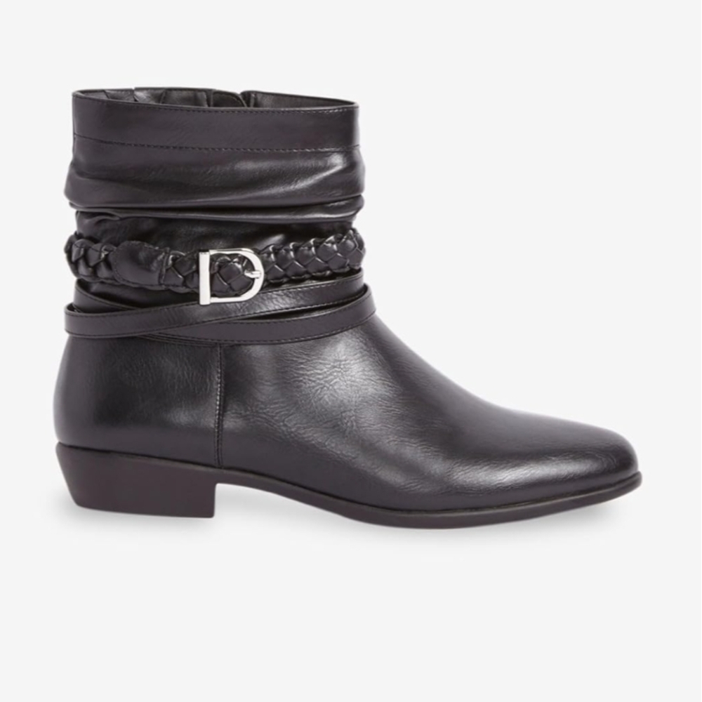 Comfortview Black Leather Ankle Boot with Braided Strap - New In Box